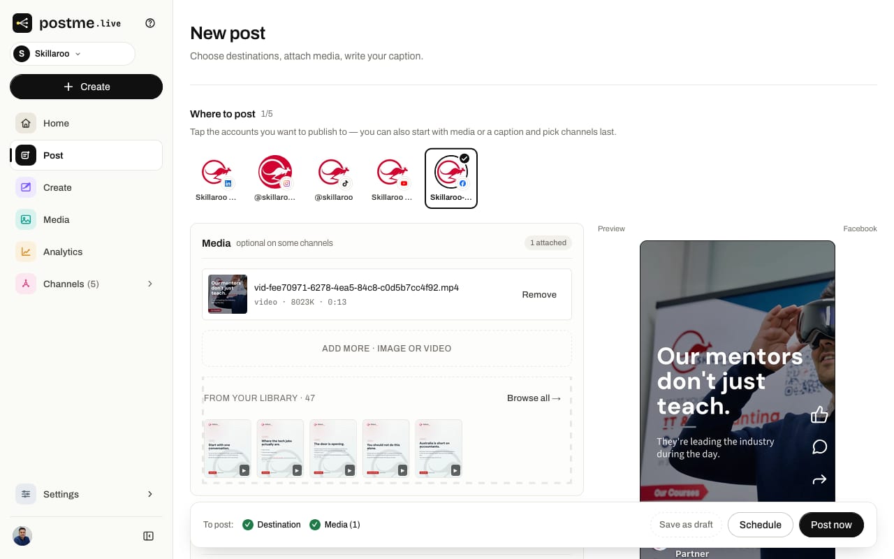 The postme.live composer publishing to a Facebook Page: an attached video beside a live preview of the Page post, ready to schedule or post now.