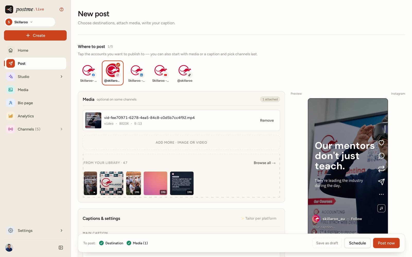 The postme.live composer publishing to Instagram: an attached video beside a live Reels-style preview with like, comment and share actions.