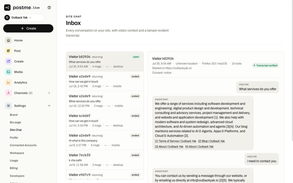 The postme.live Site Chat inbox: every conversation from your website with visitor context, and a tamper-evident transcript of the answers given in your voice.