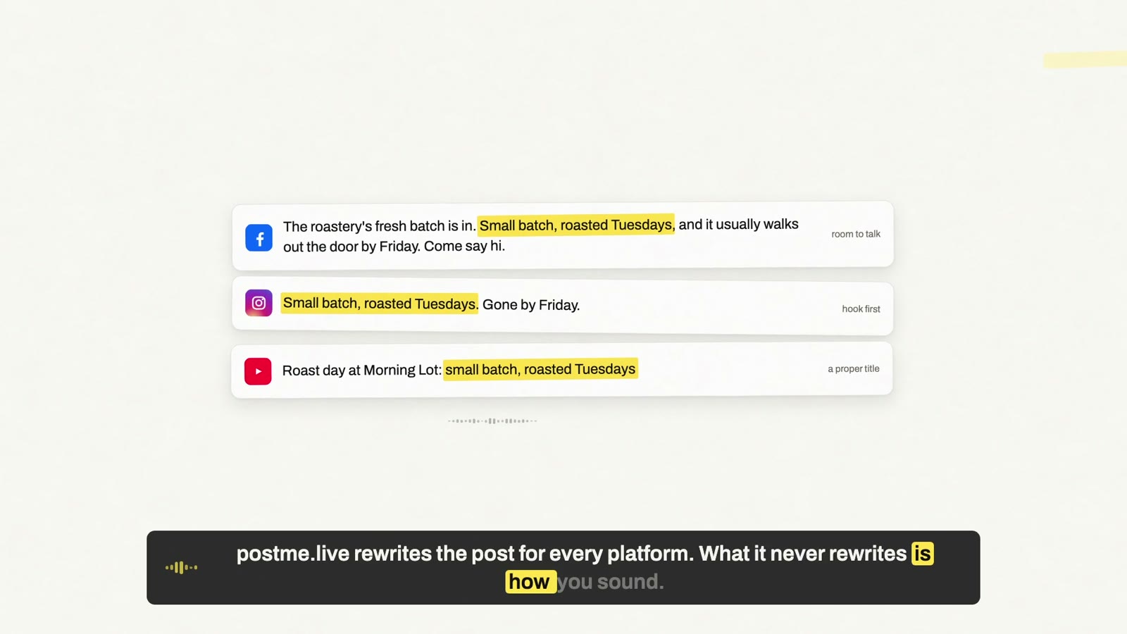 A frame from the tour: one post turned into a Facebook, Instagram and YouTube version, each written for its own feed.