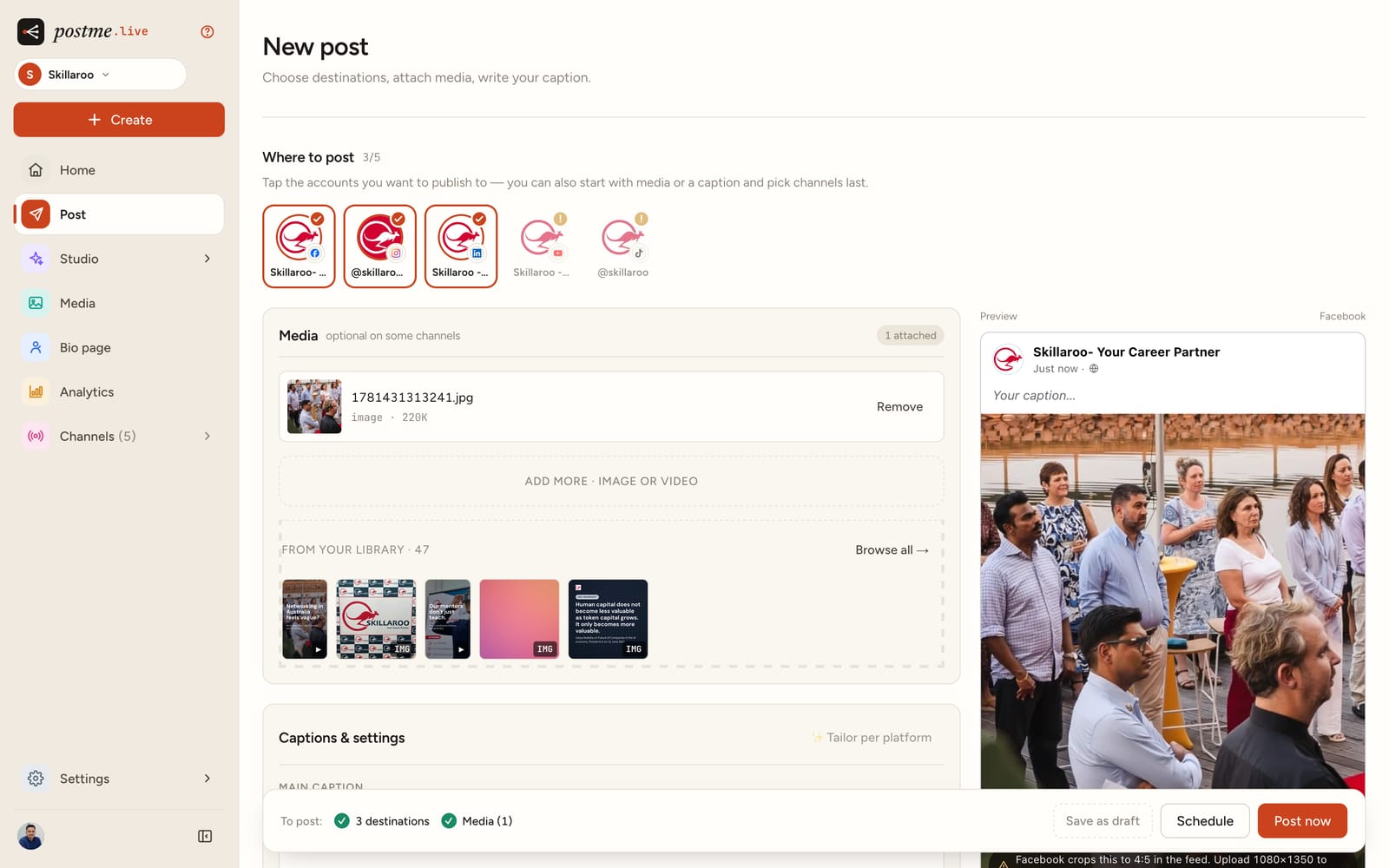The postme.live composer: three destinations selected, an attached image, your media library one tap away, and a live Facebook preview of the post.