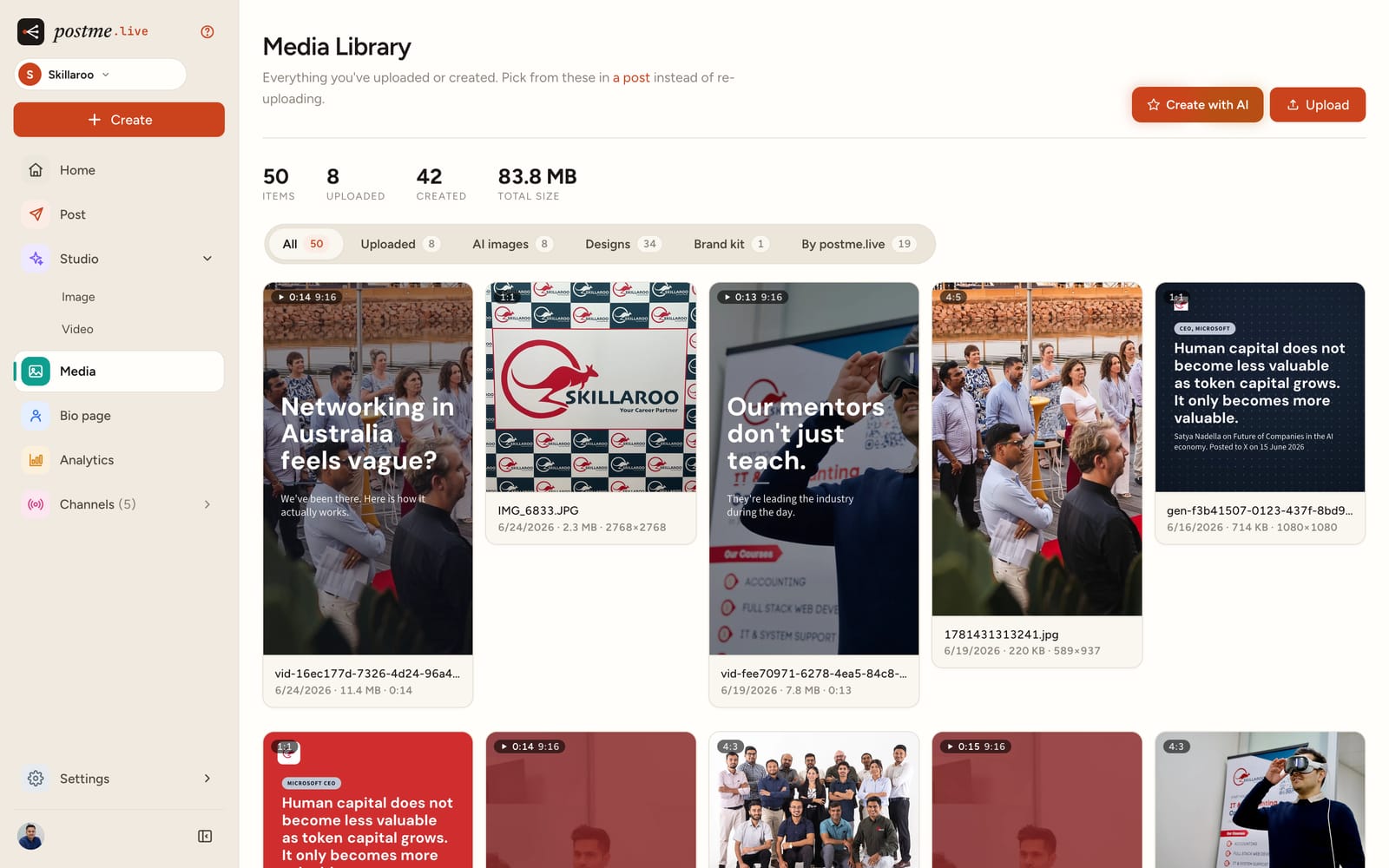 The postme.live Media Library: 50 items including uploads, AI images and on-brand designs, filterable by source.