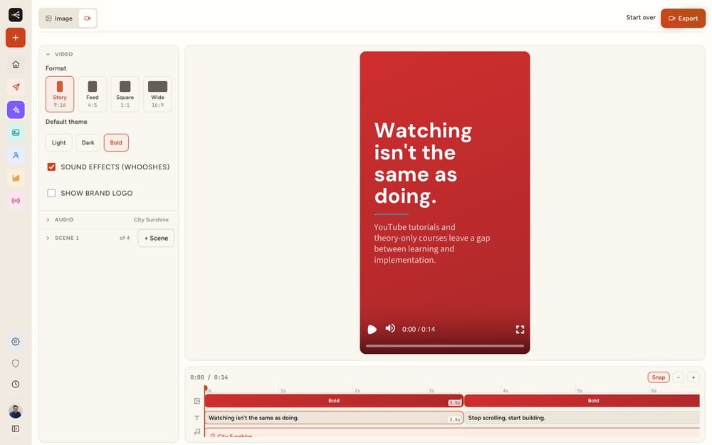postme.live Studio video editor: a vertical Story video with brand theme and sound options, a music bed, and a scene-by-scene timeline.