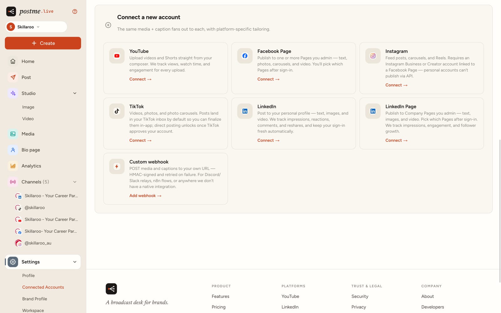 The postme.live connected-accounts settings: every platform connects through its official API, with what each connection can and cannot do spelled out up front.