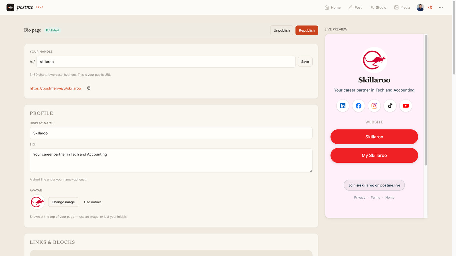 The postme.live Bio page editor — profile, links and theme controls on the left, with a live preview of the public page on the right.