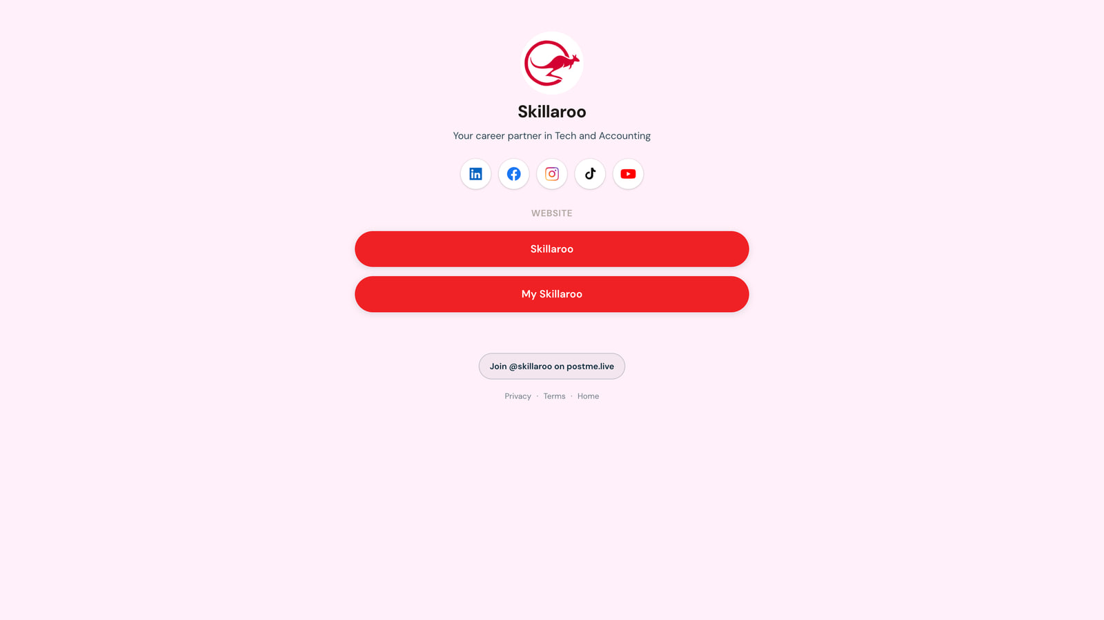 A published postme.live Bio page — logo, tagline, social links and link buttons in a clean, themed, mobile-first layout.