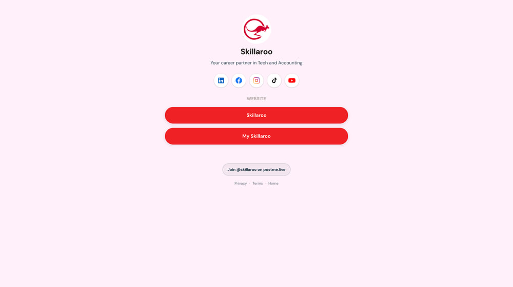 A published postme.live Bio page: logo, tagline, social links and link buttons in a clean, themed, mobile-first layout.
