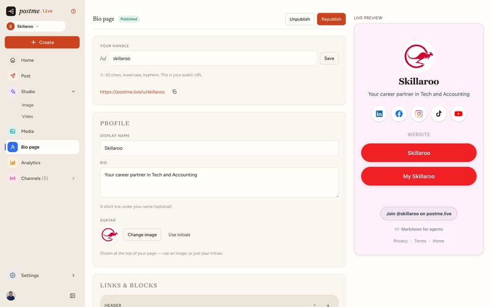 Bio page screenshot
