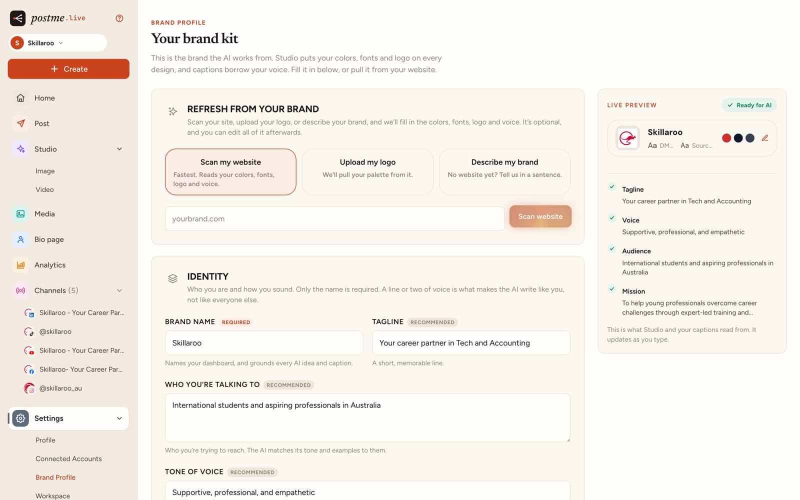 The postme.live brand kit: brand name, tagline, audience and tone of voice beside a live preview, with one-click ways to refresh it all from a website, logo or description.