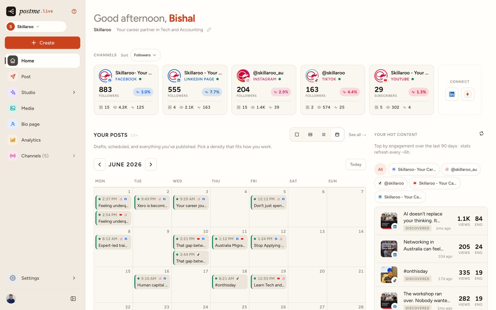 The postme.live dashboard calendar showing drafts and scheduled posts across the month, plus connected channels.