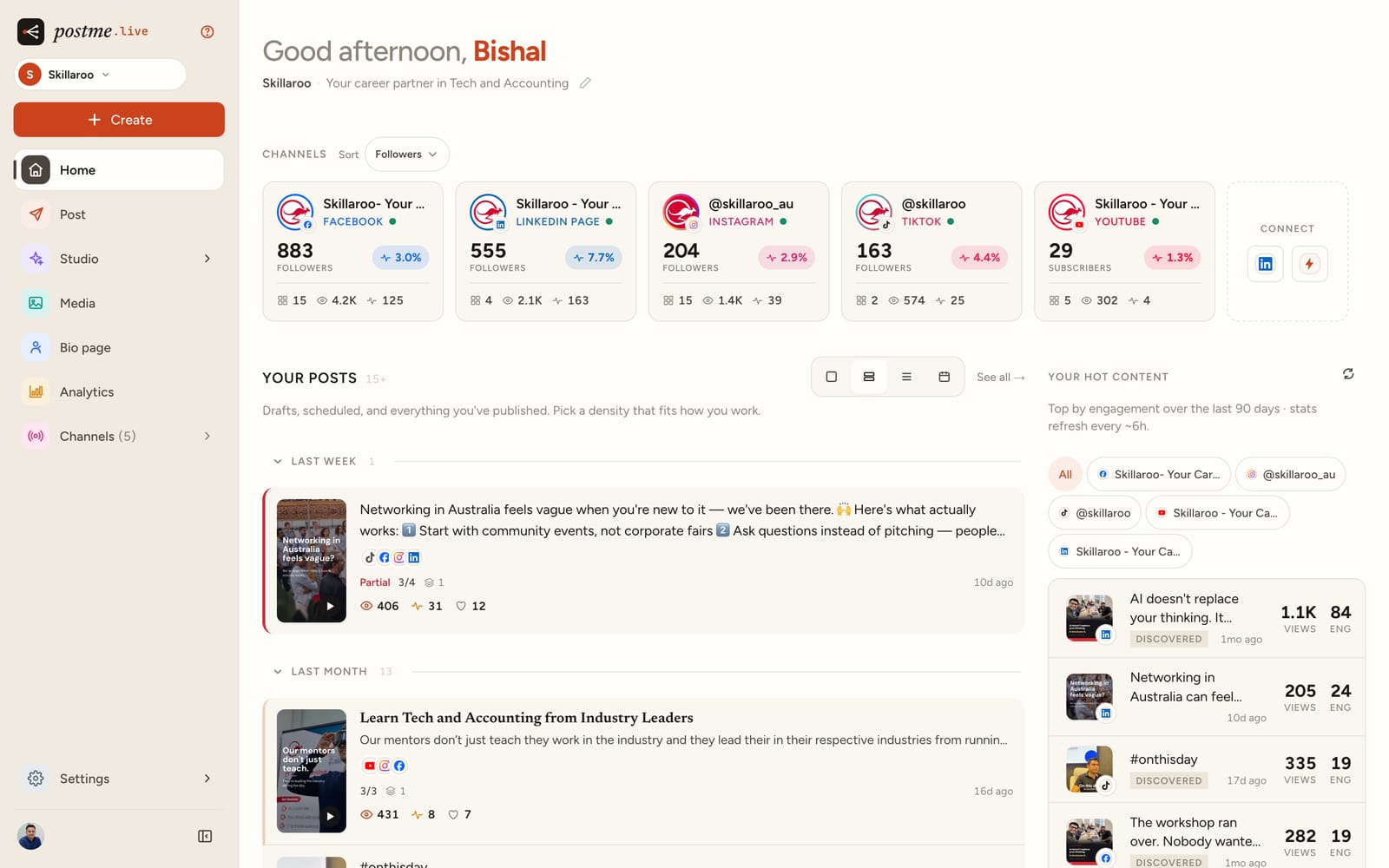 The postme.live dashboard: every connected channel with its follower count, recent posts and top content, in one view.