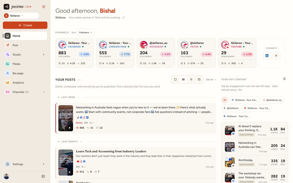 The redesigned postme.live dashboard: a left-hand sidebar beside connected channels with follower counts, recent posts and top content.