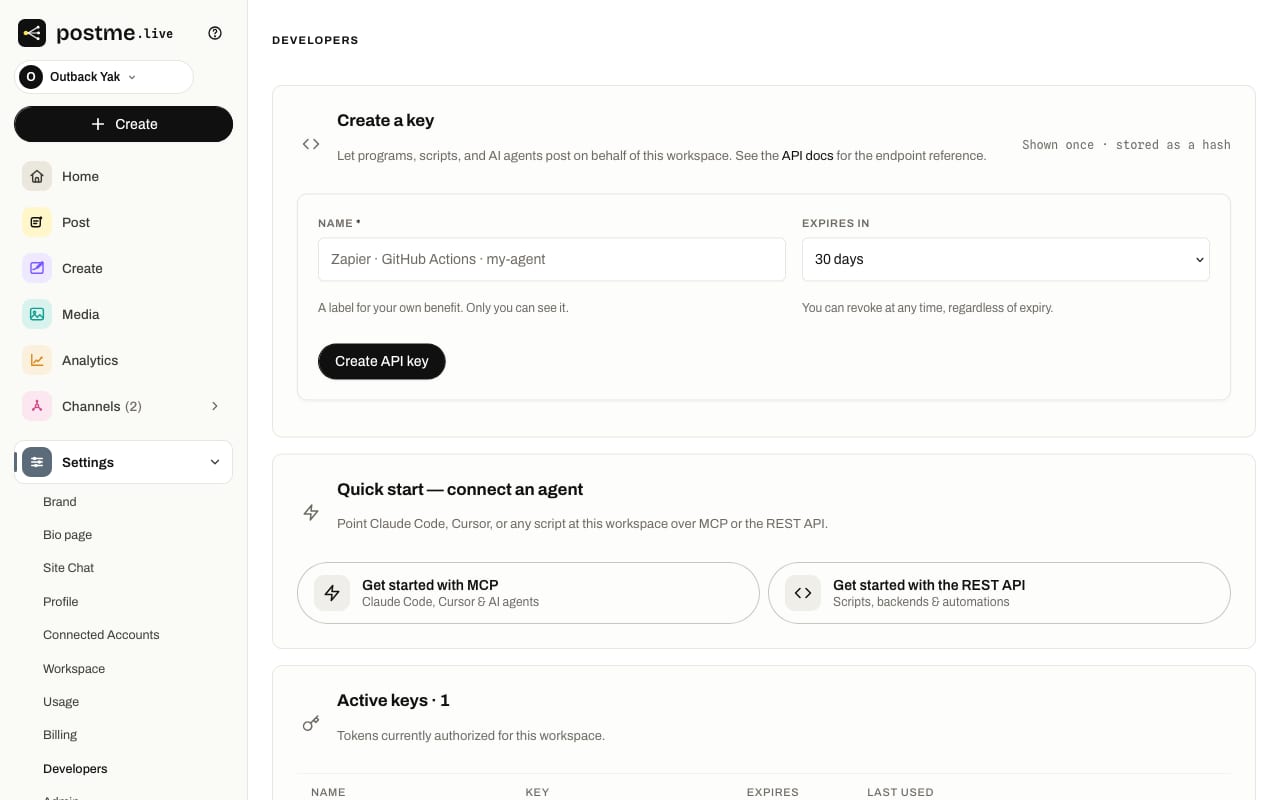 The postme.live Developers settings: create a named, expiring API key for a workspace. The token is shown once and stored as a hash.