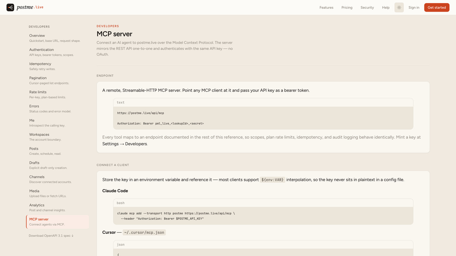 The postme.live MCP server reference — a remote Streamable-HTTP endpoint, a bearer-token code block, and ready-made Claude Code, Cursor and VS Code client configs.