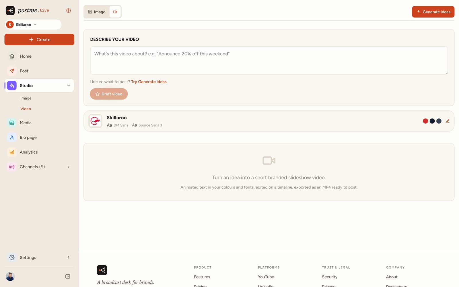Studio’s video maker: a describe-your-video prompt box and your brand’s fonts and colours, ready to draft a short branded slideshow video.